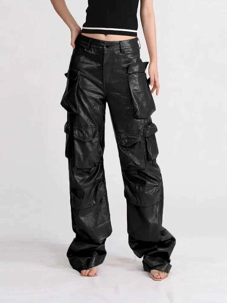 Vintage Zipper High Waist Baggy Leather Pants