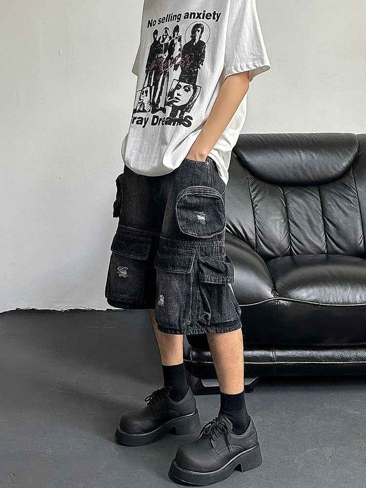 Black Effortless Destroyed Wide Leg Denim Short