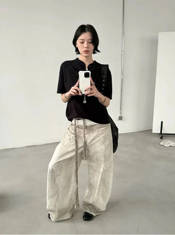 Women Trendy Vintage American Washed Wide Leg Jeans - Luxuryurbanwear