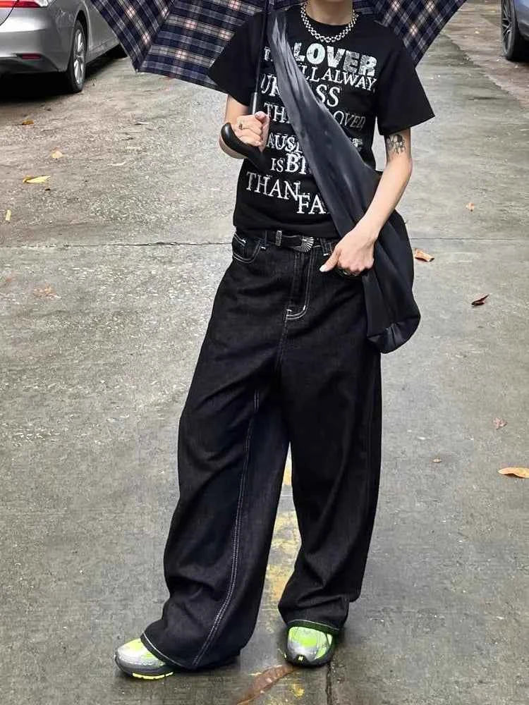 Retro Black Vintage Embroidery Oversized Baggy Jeans