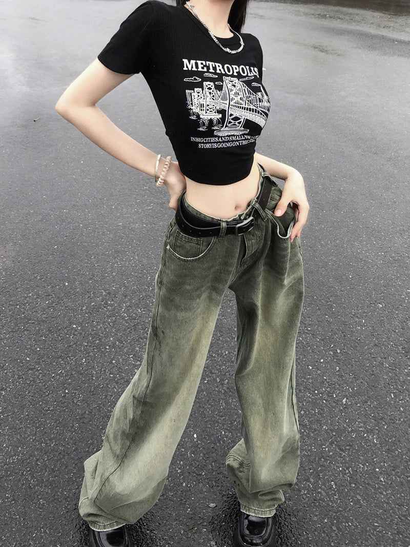 Y2K Women Green Gradient Wide Leg Jeans