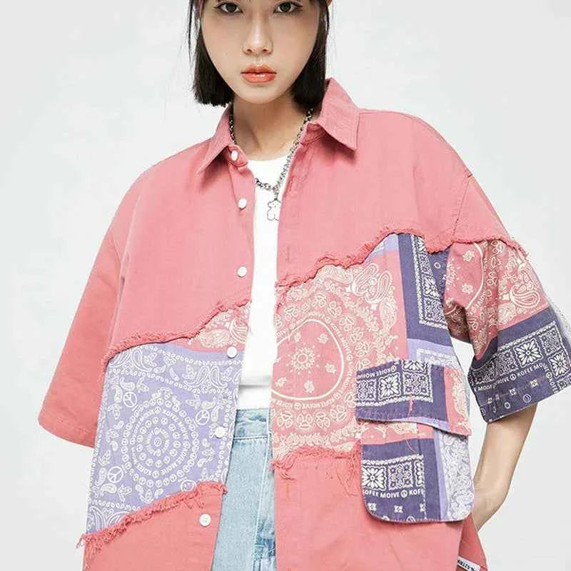 Stylish Patchwork Cashew Pattern Short Sleeve Shirt