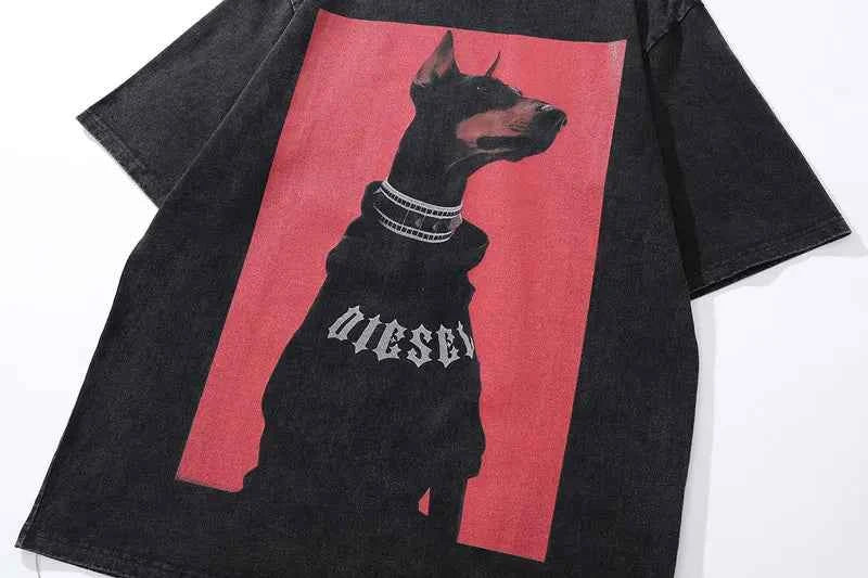 Oversized Doberman Washed Graphic Print T-Shirt