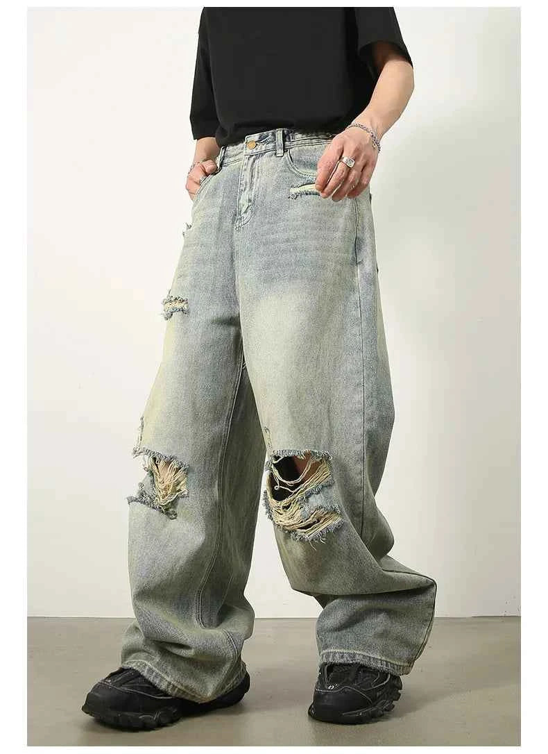 High End Blue Loose Ripped Jeans