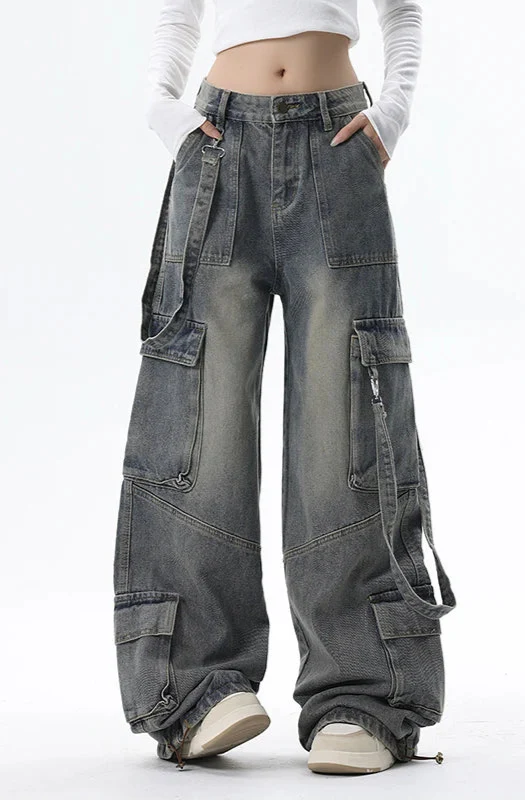 Women Gray High Waist Wide Leg Blue Baggy Jeans - Luxuryurbanwear