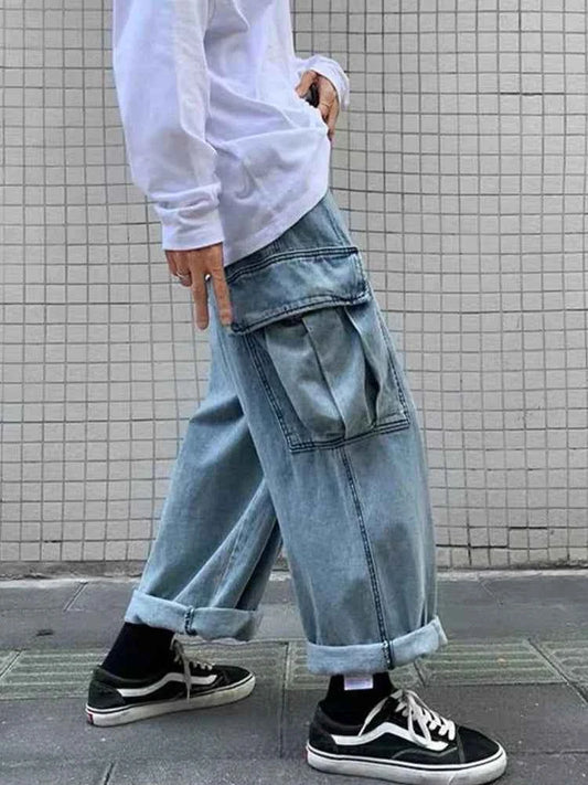 Handsome Retro Wide Leg Denim Cargo Jeans