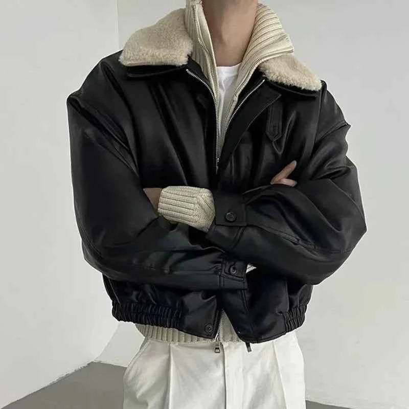 Detachable Fur Collar Thick Velvet Lined Leather Jacket