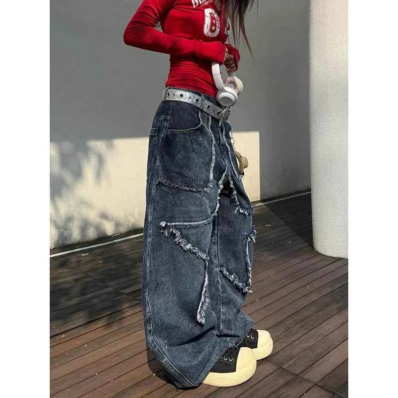 Aesthetic Cow Boy High Waist Blue Star Wide Leg Jeans
