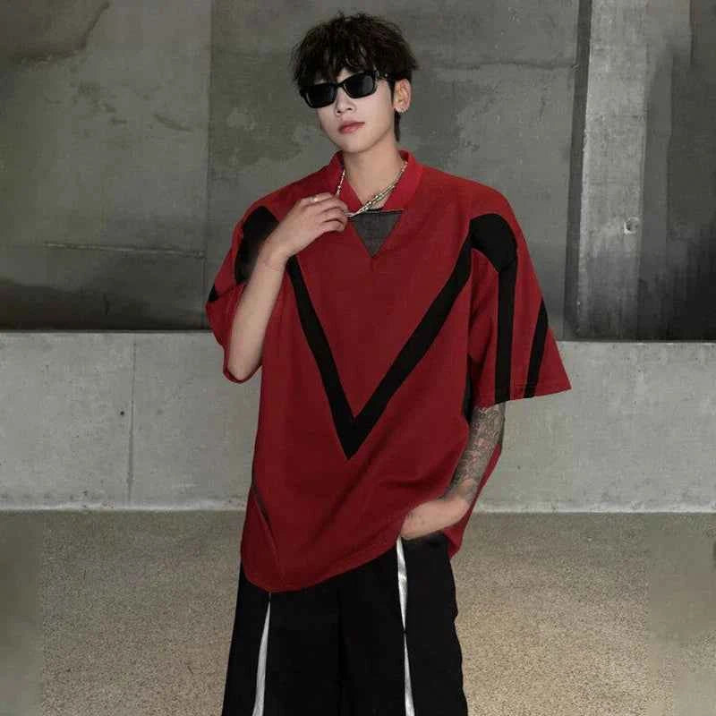 Vibrant Color Contrast Loose V-Neck T-Shirt