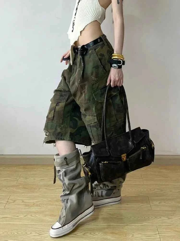 Vintage Camouflage High Waist Denim Jorts