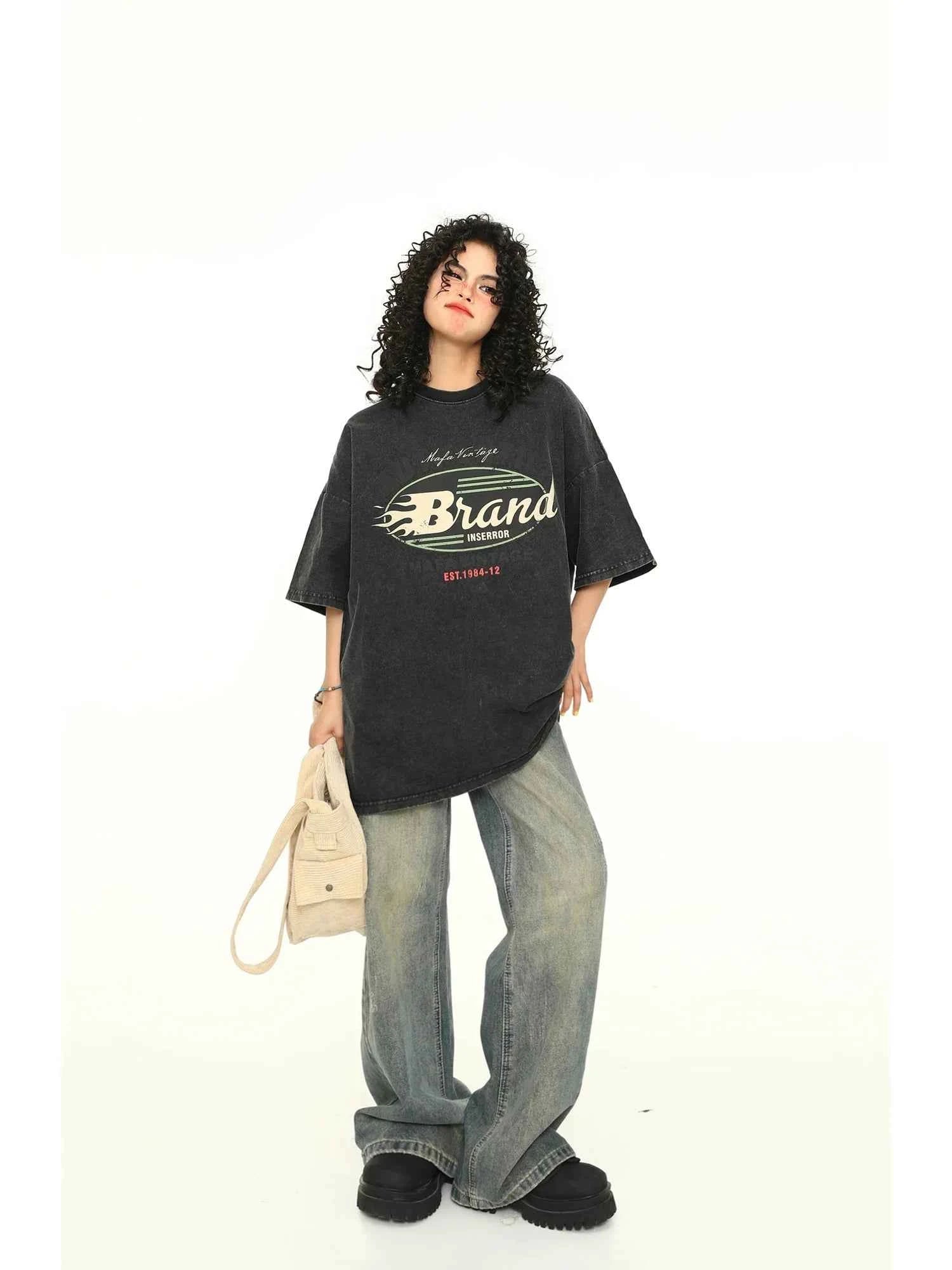 Vintage Alphabet Print Loose Cotton T-Shirt