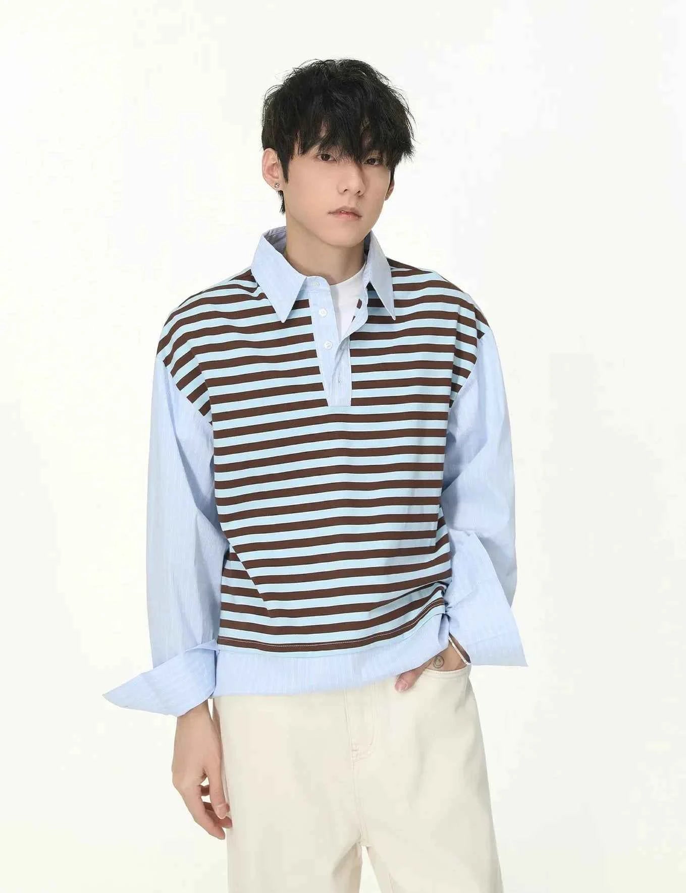 Classic Striped Fake Two Piece College Style Shirt