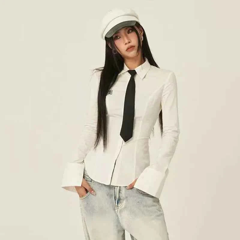 Women Stylish Trendy White Slim Fit Tie Shirt