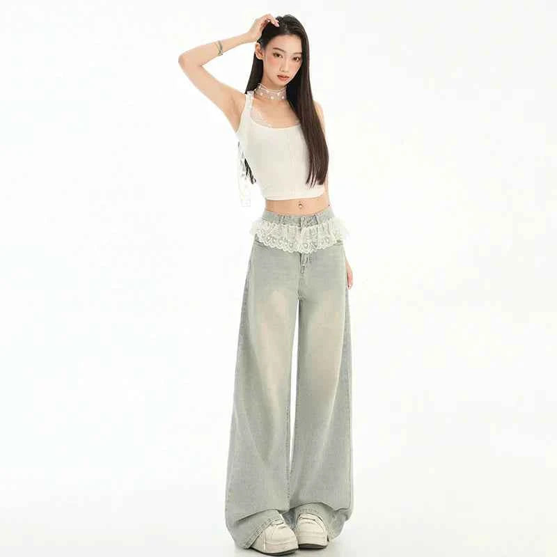 Retro Comfortable Lace-Edged High Waisted Jeans