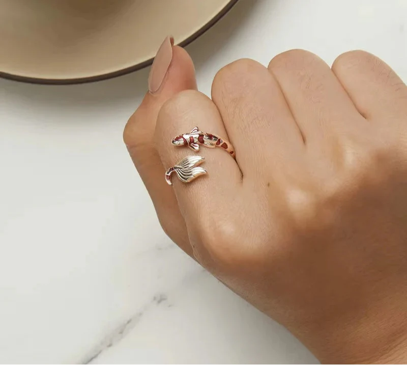Adjustable Red Enamel Koi Opening Ring - Luxuryurbanwear