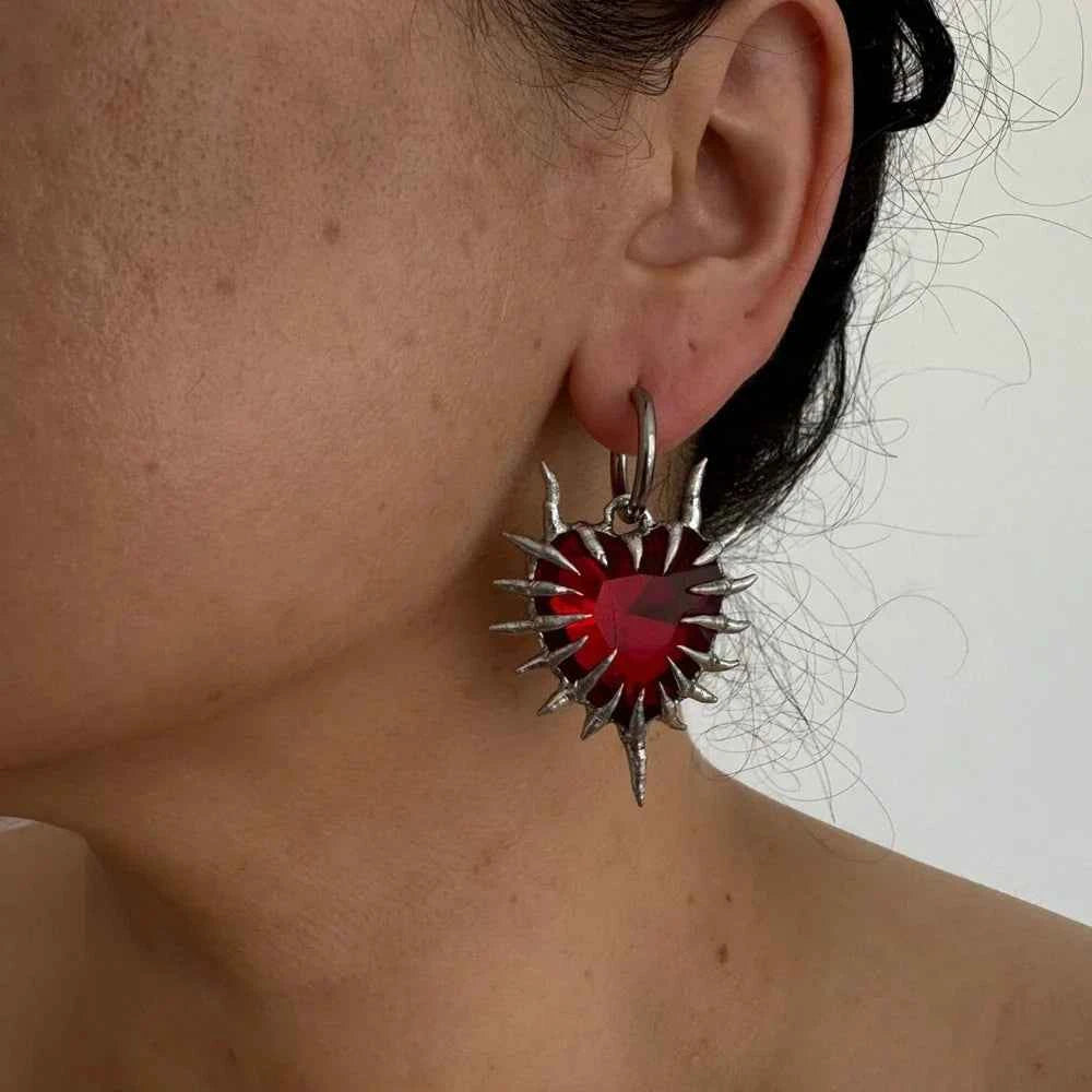 Edgy Red Spiky Heart Dangle Earring