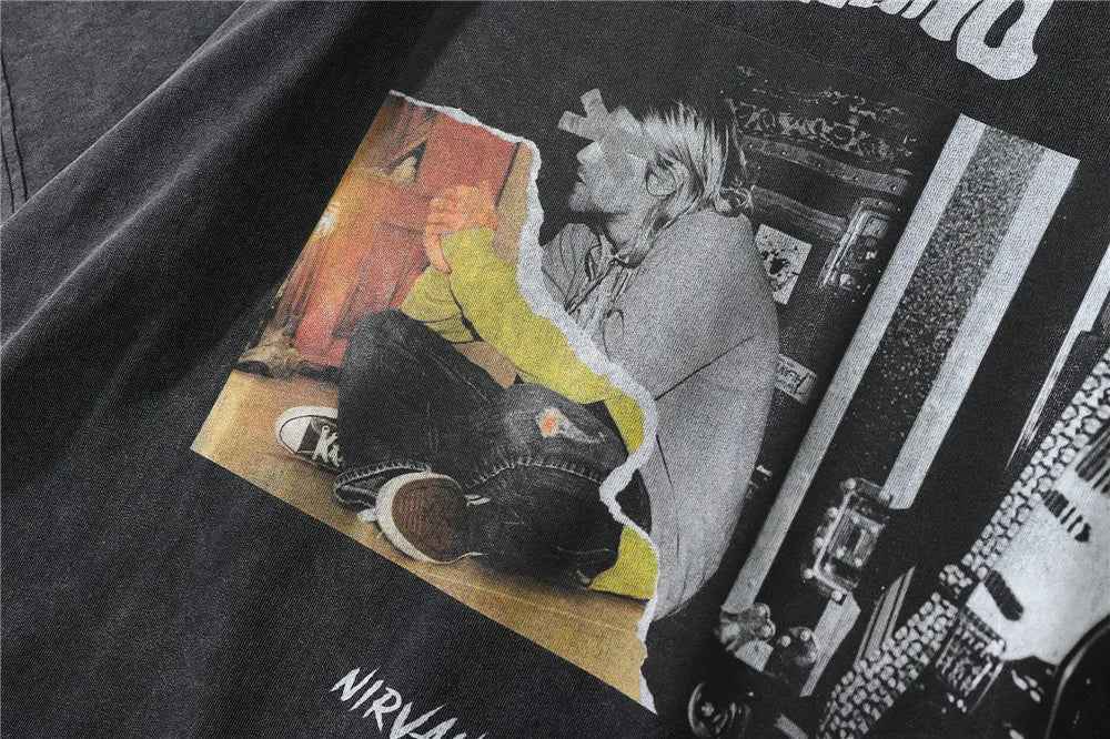 Distressed Washed Portrait Print Short Sleeve T-Shirt