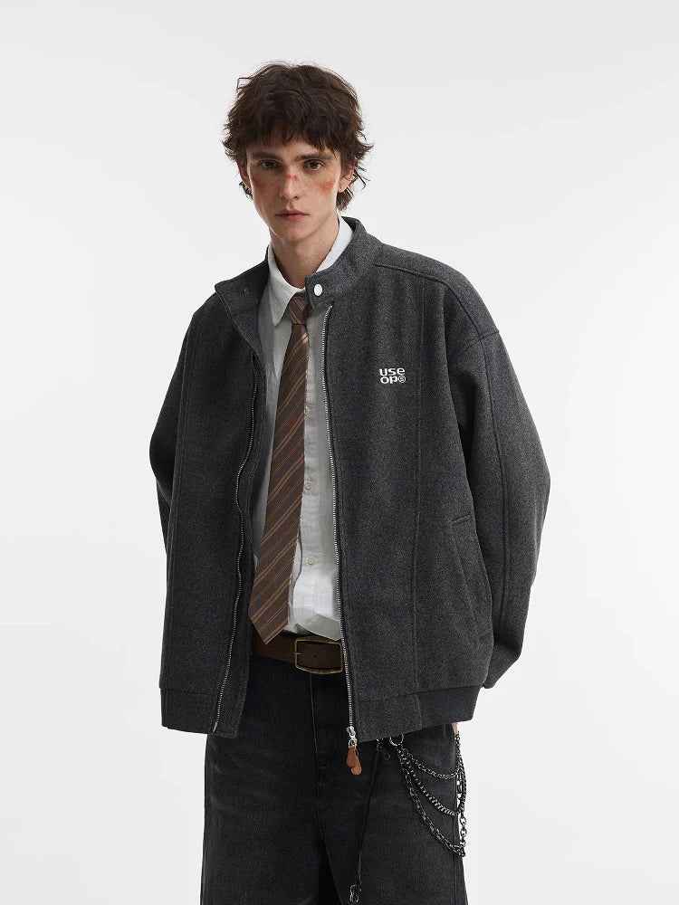 Oatmeal Melange Minimalist Stand Collar Bomber Jacket