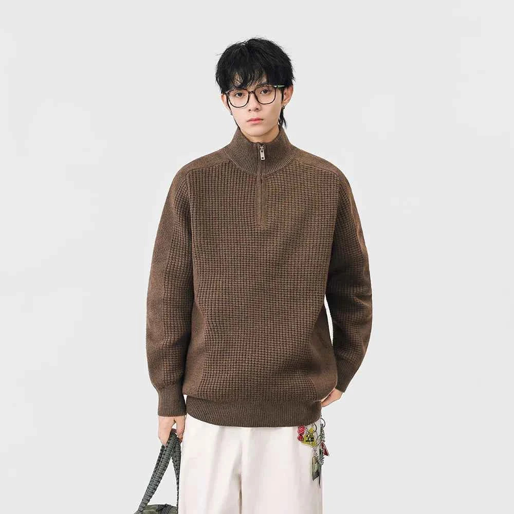 Cozy Mock Neck Half Zipper Waffle Knit Sweater