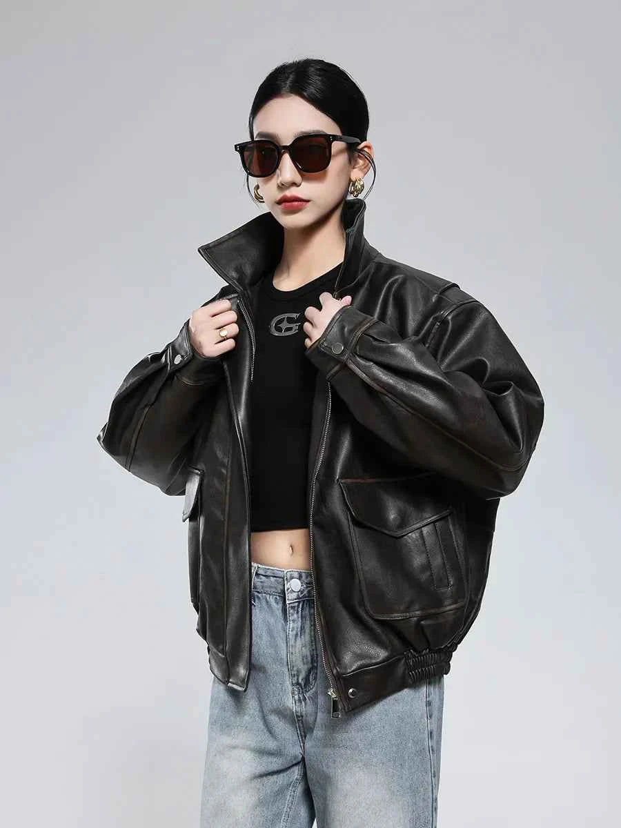 Women Vintage Distressed Brown Leather Jacket