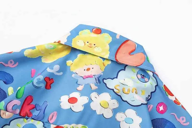 Y2K Vibrant Fashionable Cartoon Graphic Button-Up Shirt