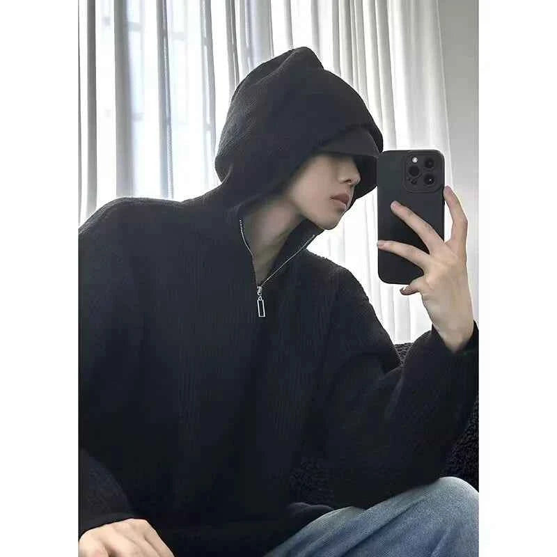 Y2K Cozy Knitted Half Zipper Hooded Knitwear Sweater