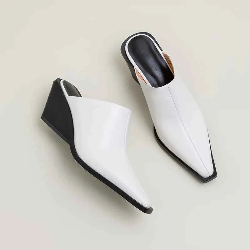 LUW "Executive-Edge" Genuine Leather Mules - Luxury Med-Chunky Heel Summer Wedges
