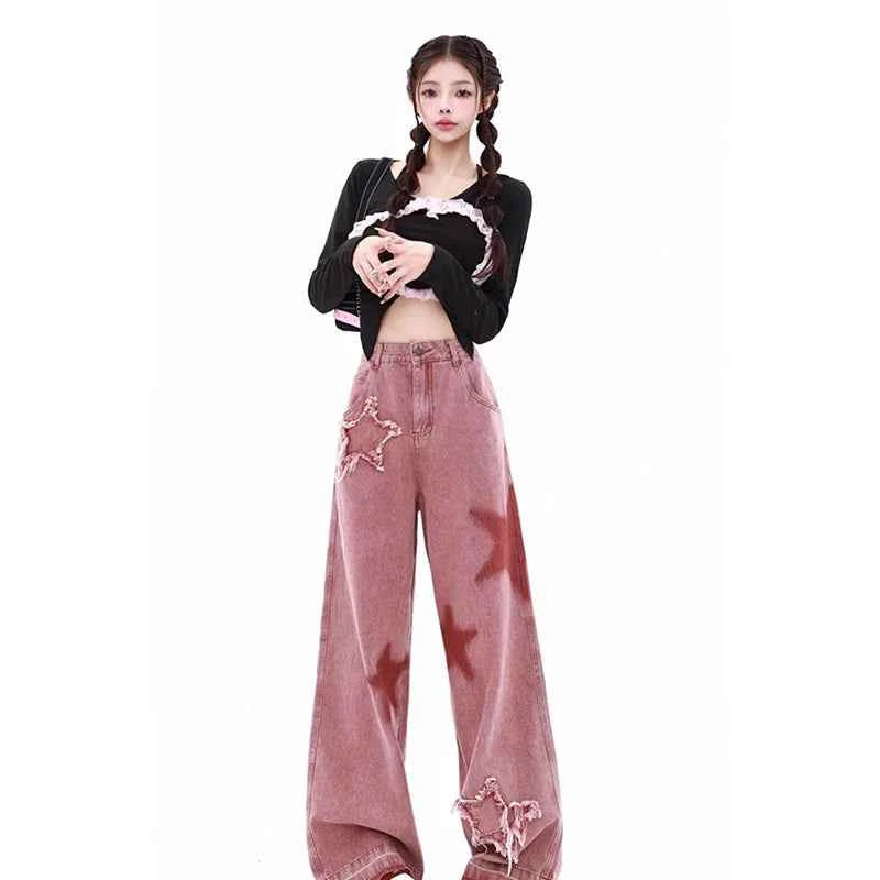 Women Star Pink Letters Printed High Waisted Jeans