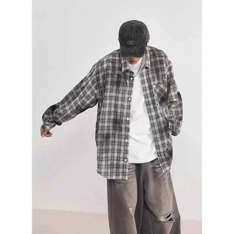 Autumn High-Quality Gray Plaid Long Sleeve Shirt