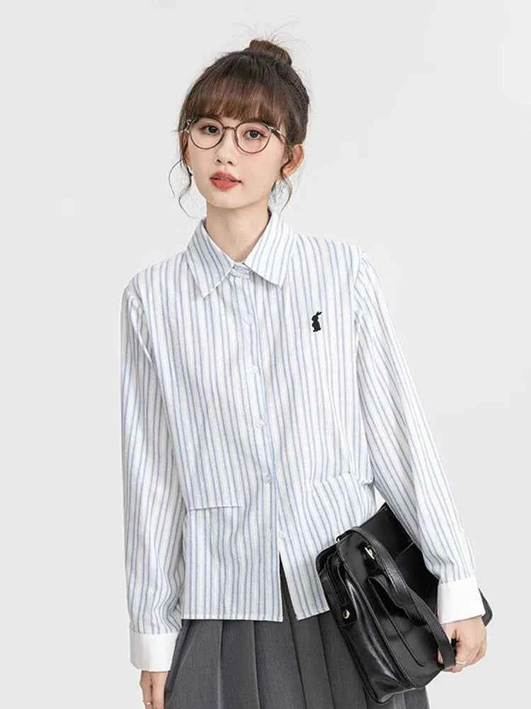 Women Retro Sweet Preppy Style Striped Long Shirt
