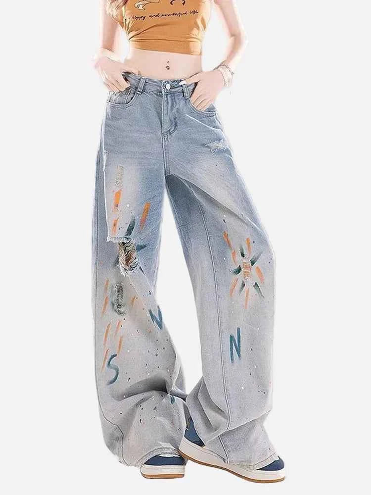 Streetwear Ripped High Waist Painted Wide Leg Jeans