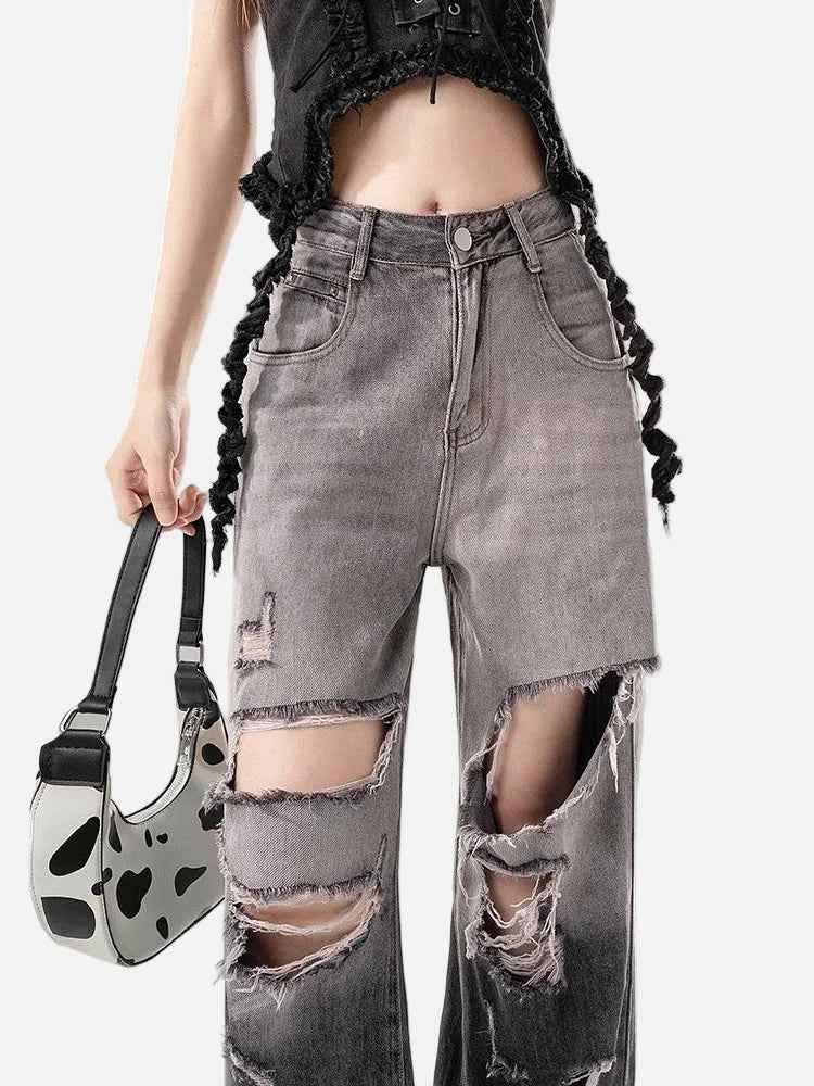 Fashionable Ripped High Waist Gradient Denim Jeans