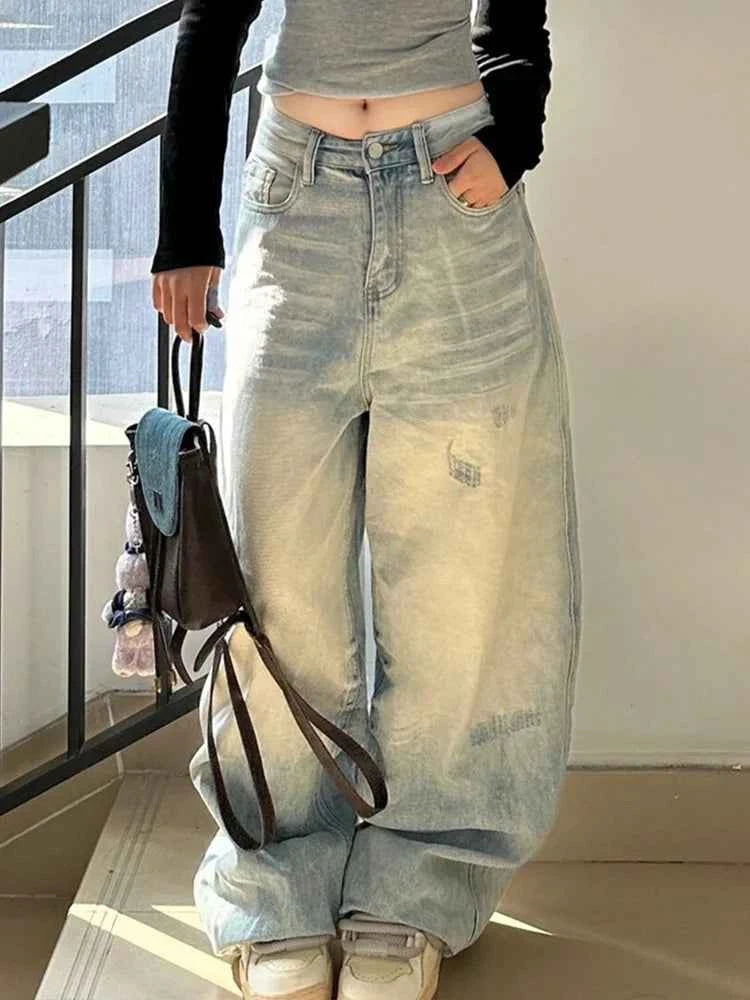 Straight & Sleek Distressed High Waist Wide Leg Jeans