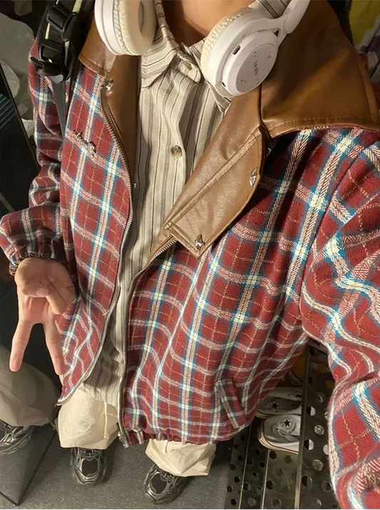 Women Reversible Bouble Face Plaid Biker Leather Jacket