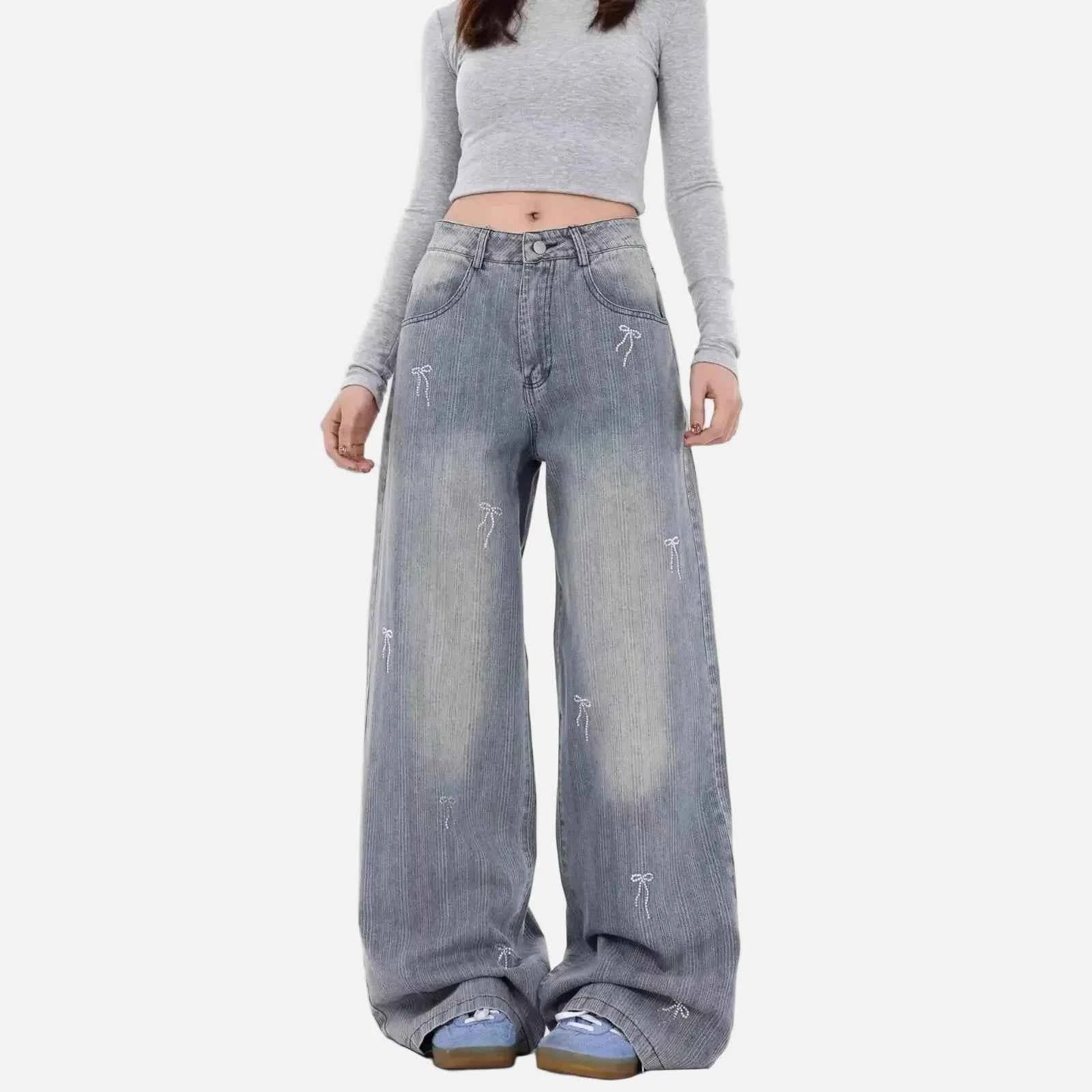 Embroidered Bow Loose Wide Leg Jeans