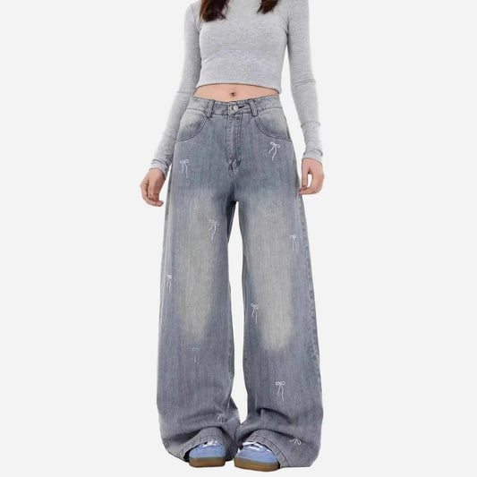 Embroidered Bow Loose Wide Leg Jeans