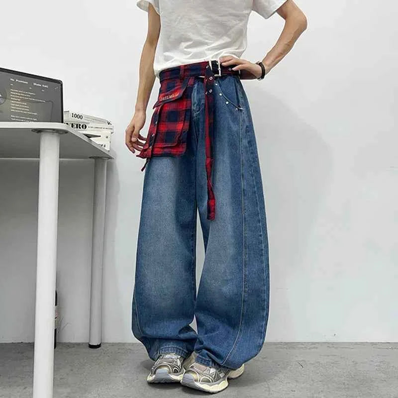 Retro Cool Plaid Printed Loose Denim Jeans