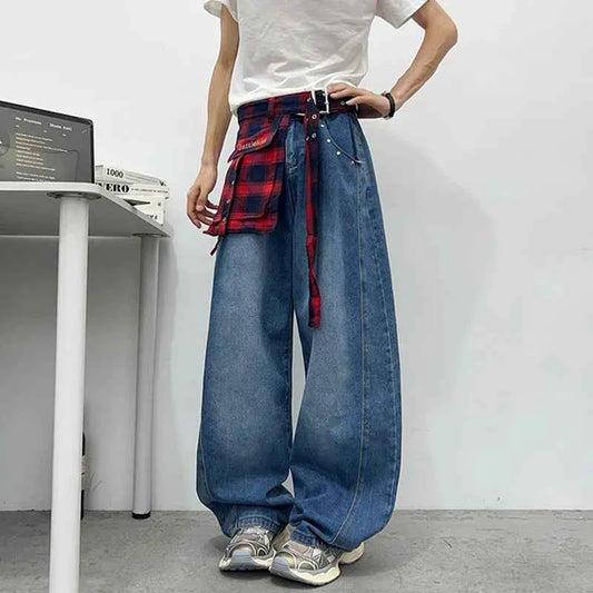 Retro Cool Plaid Printed Loose Denim Jeans