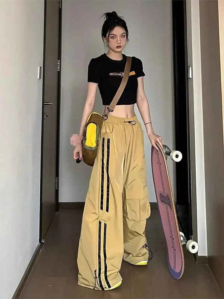 High-Waist Yellow Vintage Cargo Pants - Women’s Baggy Utility Streetwear Trousers