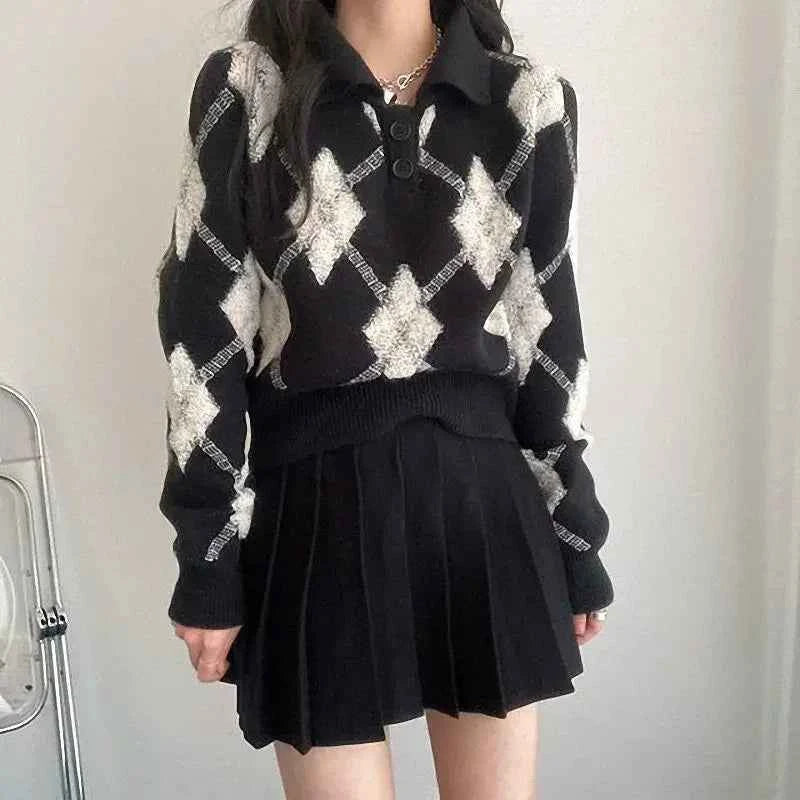 Vintage Turn-Down Collar Ulzzang Sweater - Retro Aesthetic Knitted Polo Pullover