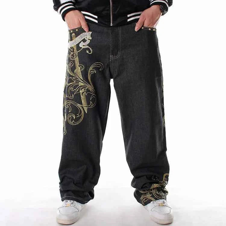Embroidered Spliced Straight Fit Denim Jeans