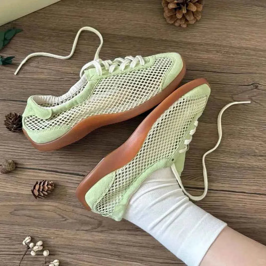 Chic Light Green Fishnet Lace-Up Flat Sneaker