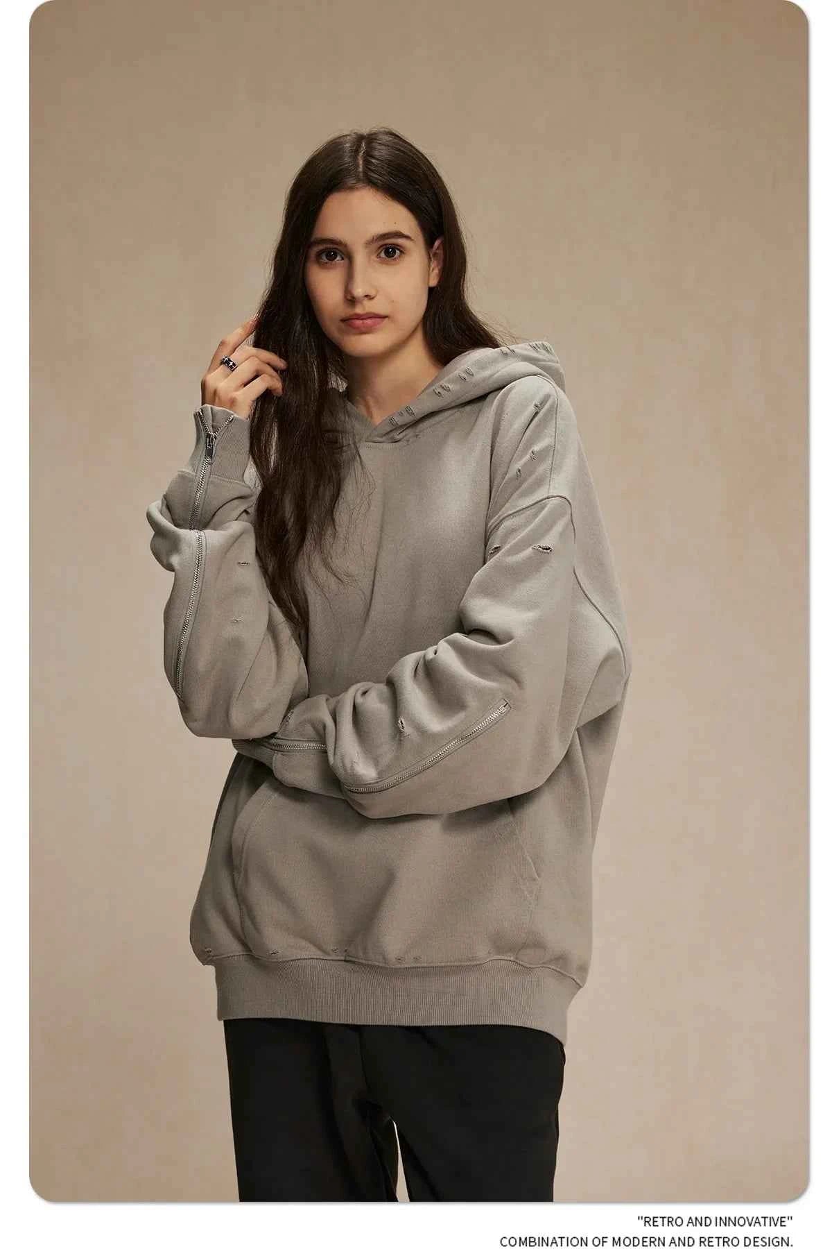 Frayed Woolen Zip-Up Hoodie Sweatshirt