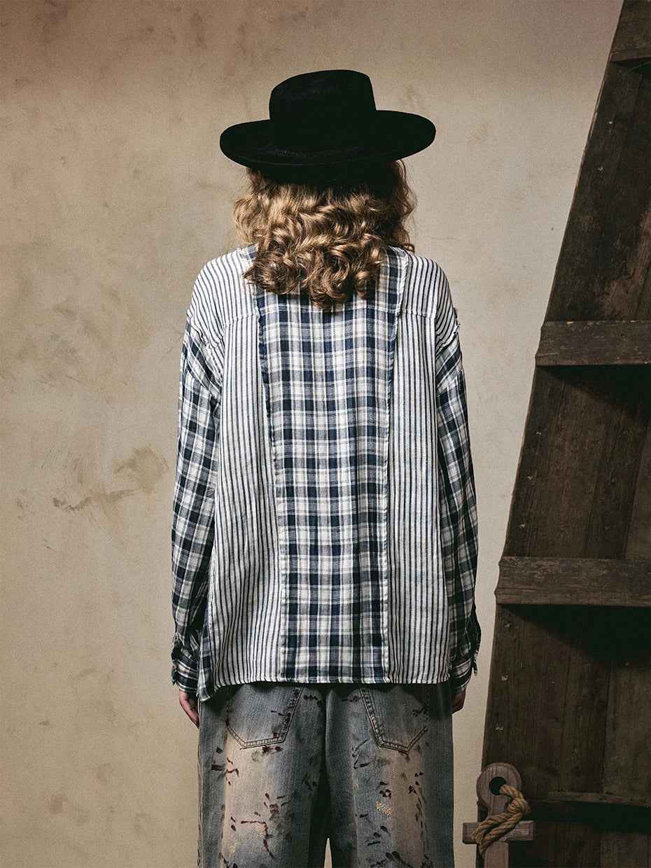Effortless Retro Patchwork Plaid Long Sleeve Shirt