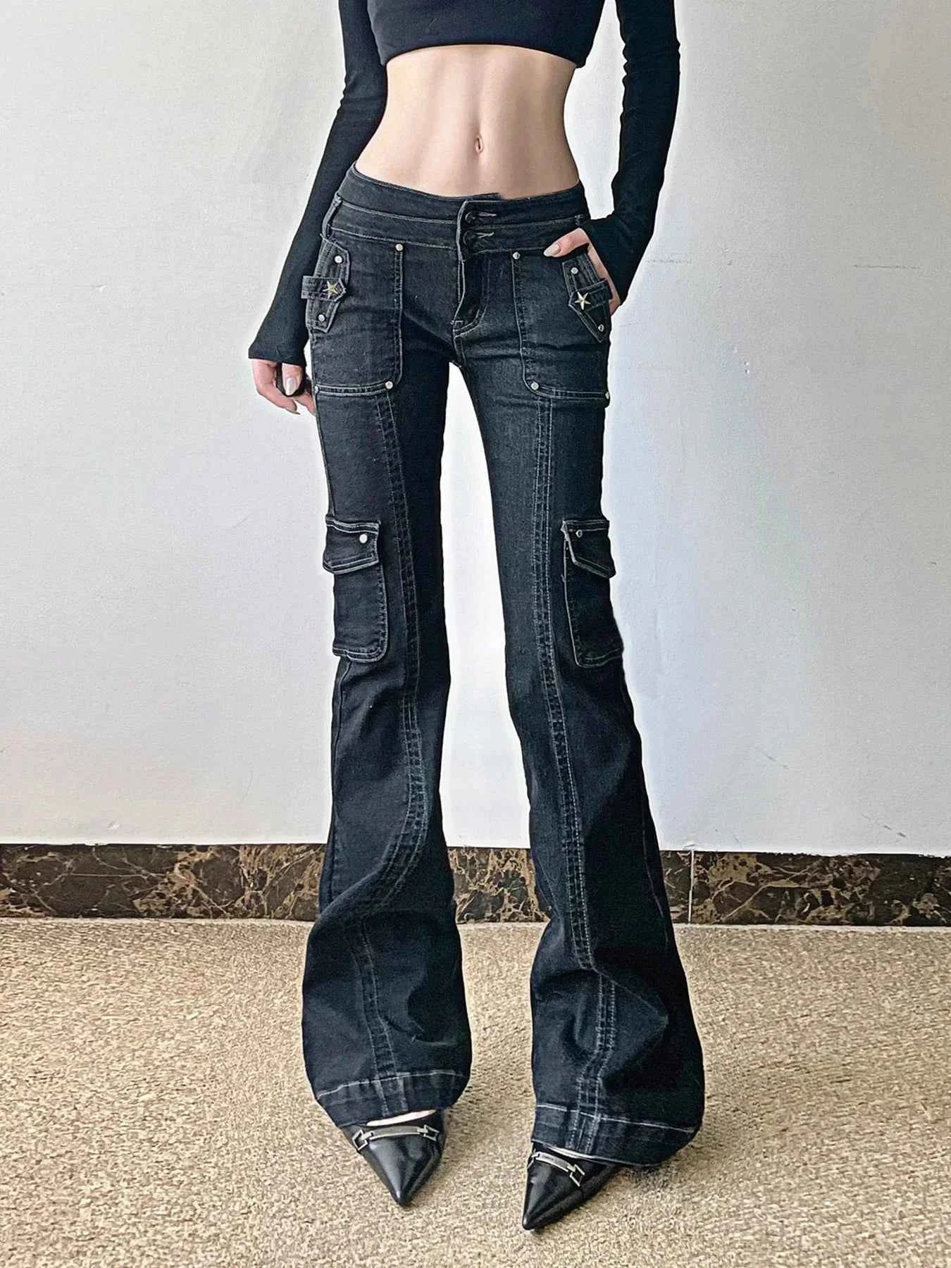 Studded Star Patchwork Denim Cargo Jeans