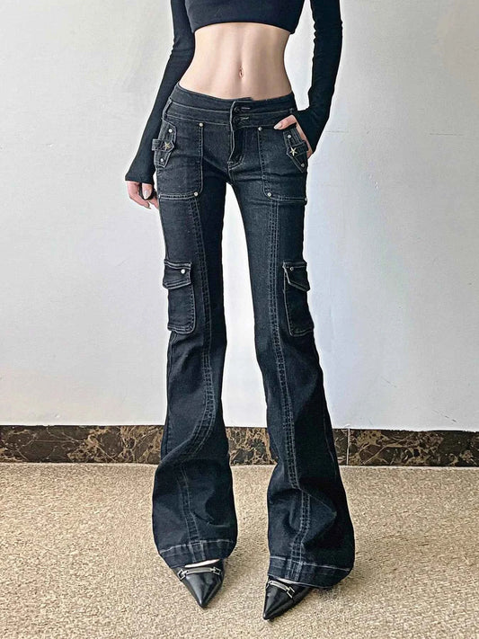 Studded Star Patchwork Denim Cargo Jeans