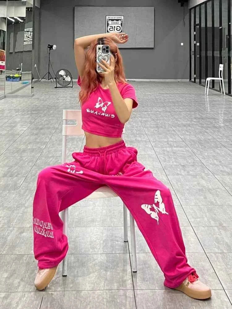 Pink Y2K Bufferfly Pattern Wide Leg Sweatpants