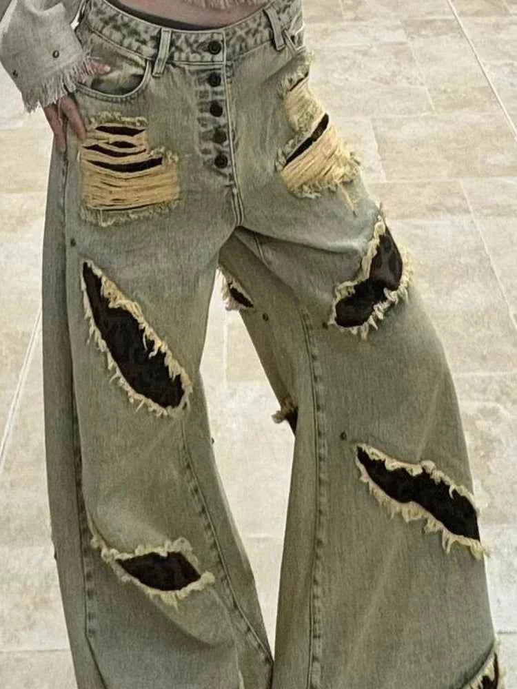 Streetwear distressed high waist leopard Jeans