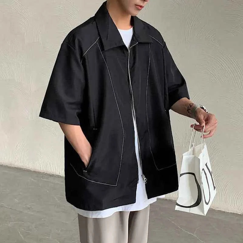 Casual Bright Thread Splicing Short Sleeved Zippper Shirt