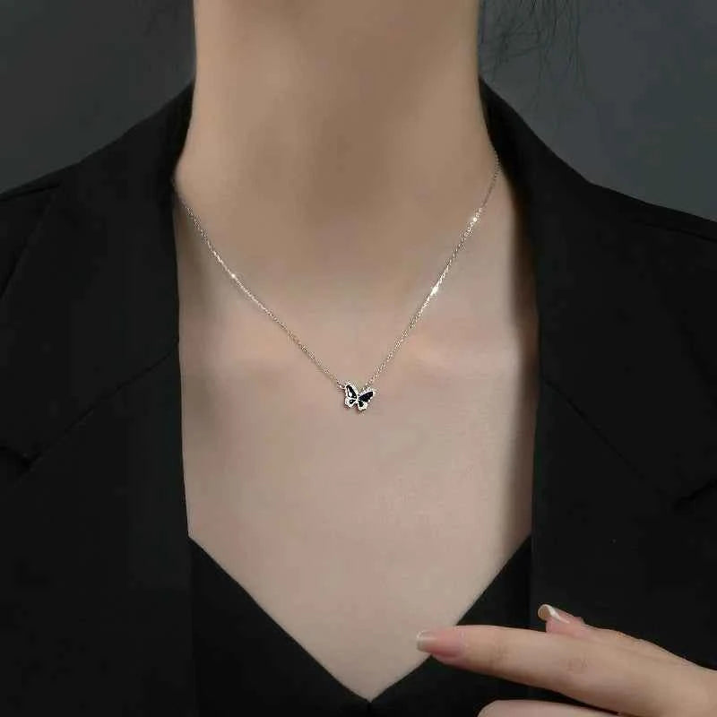 Elegant Silver Black Butterfly Necklace
